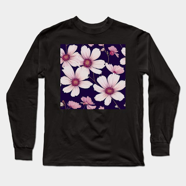 Pink Cosmos on Dark Background Long Sleeve T-Shirt by VintageFlorals